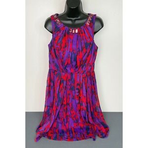 Donna Ricco Women's Abstract Print Beaded Ruched A-Line Mini Dress Purple 8 FLAW